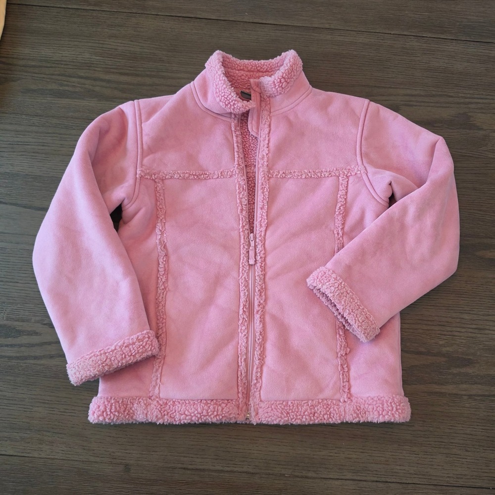LL Bean Girls Pink Faux Suede Sherpa Fleece Full Zip Jacket M 10-12